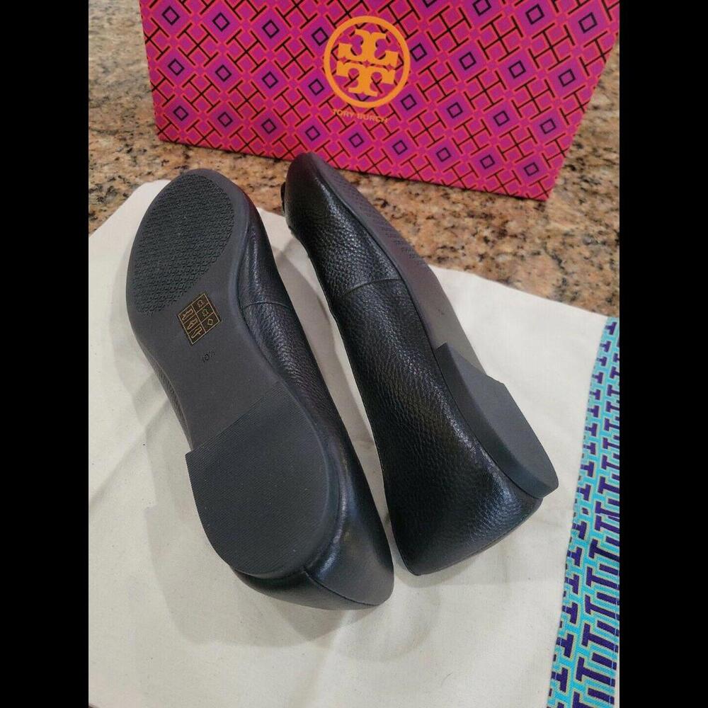 TORY BURCH Silver Logo Claire Black TUMBLED LEATHER BALLET Flat Womens Shoe 10.5 - Picture 9 of 12